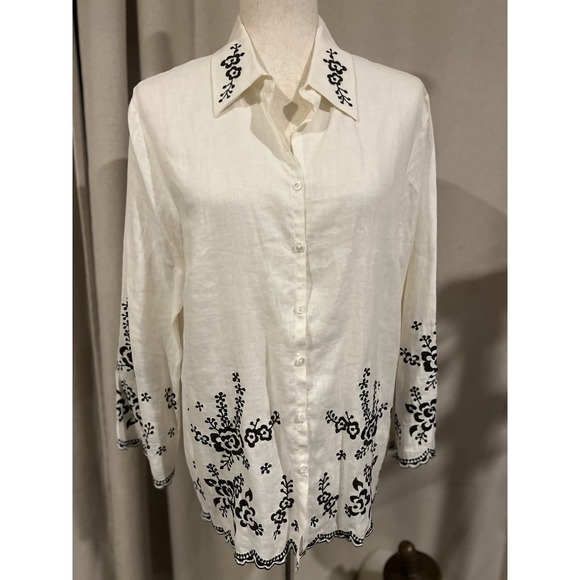 100% Pure Tops - Blaine Trump Vintage Women's Shirt 100%‎ Linen Medium With Embroidery